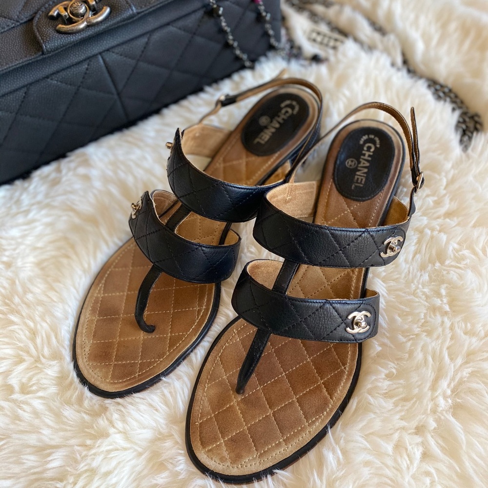 CHANEL Authentic Quilted CC Sandals Sz 41.5 GUC